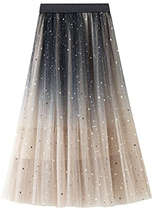 SotRong Glitzer Tüllrock Beige Damen Midi Überlagerter Mehrlagiger Elastischer Hoch Taillierter A Linien Tutu Rock Mesh-Chiffon-Faltenrock mit Blumendekoration