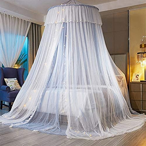VETHIN Prinzessinnen-Betthimmel für Mädchen, Betthimmel-Vorhang, doppellagig, durchscheinend, Netzstoff, rundes Spitzen-Prinzessinnen-Moskitonetz, Zelt mit LED-Sternen-Lichterketten (hellgrau/weiß1)