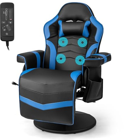 CASART Massage Racing Chair, Ergonomic Recliner Swivel Gaming Chair with Footrest, Cup Holder & Armrest, Adjustable High Back Computer Desk Chair for Home Office (Blue + Black)