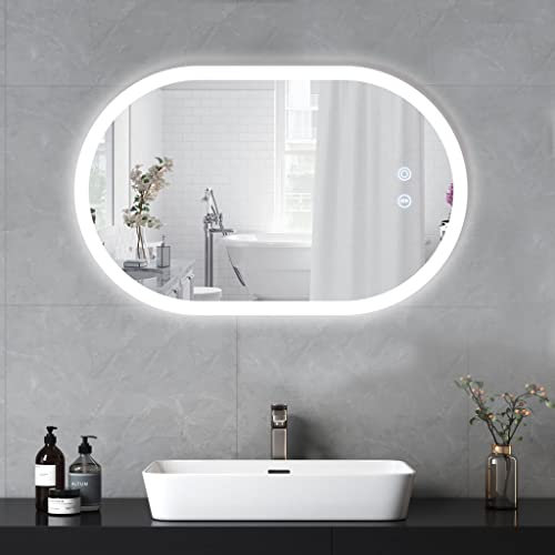 YOLEO Badspiegel mit Beleuchtung Oval, Badezimmerspiegel Dimmbar 70x50cm, Beschlagfreier Wandspiegel mit Touchschalter, 3 Lichtfarben, 6500K