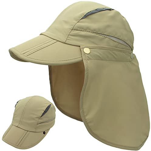 Huakunda Jungen Sonnenhut Hut mit Nackenschutz Abnehmbarer Mehrzweck Sommer Sonnenschutz Atmungsaktiv Schnell Trocknen UV-Schutz (Khaki,S)