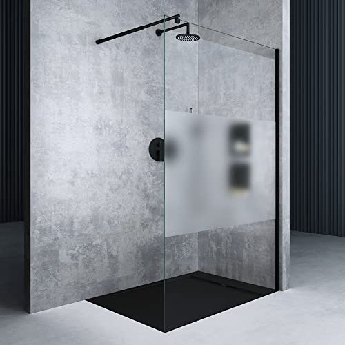 Mai & Mai Paroi de Douche 140x200 Douche à L'italienne Transparent avec Bande Opaque Profilé Noir BR1MS Pare-douche en Verre Trempé 8mm Revêtement Nano Easy Clean