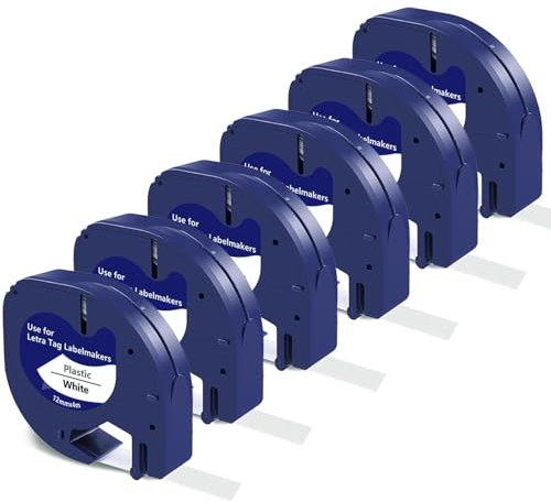 Compatible Dymo LetraTag Label Tape 12 mm x 4 m Black on White Dymo Labelling Tape for DYMO Labelling Device LT-100H LT-110T QX50 XR XM 200B Label Tape, Pack of 6