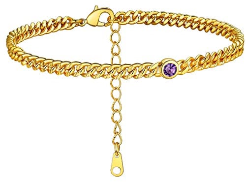 Bracelet de Cheville Améthyste Plaque Or Femme Zirconium Maille Chaine de Pied Acier Inoxydable Gourmette 4 mm 22 cm Plage Fille Ete Amitié-Doré-Vacance Piscine Mariage Valentin