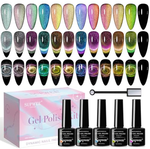 SUPWEE Cat Eye UV Gel Nagellack 9D Cat Magnet Eye Gel Set 12 Farben mit 1 Magnet Glitzer Chamäleon-Katzenaugen-Nagellack UV Nagel Maniküre Schwarze Basis erforderlich