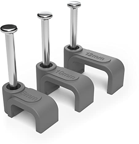 Clips de Clavo Gris Plano de 8mm (Paquete de 100) Clips de Alambre para Organizar Cables Eléctricos, Cat 5/6 / 7, 6P4C 8P8C, Rj11 Rj45 Teléfono, Red de Parche Plano Óptico Ethernet Internet