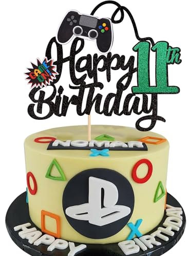 1 Stück 11th Videospiel Tortendeko Glitter Geburtstag Cake Topper Gaming Happy Birthday Kuchen Deko Videospiel Thema Cake Dekoration für Jungen Kindergeburtstag Spiel Thema Party Dekoration Grün