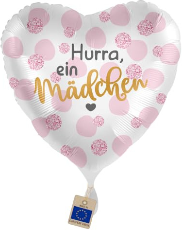 Folienballon Hurra ein Mädchen – Herzballon Geburt Rosa | Geschenk und Deko zur Geburt, Babyparty, Baby Shower & Welcome Baby Party – Rosa/Weiß, Luft/Helium