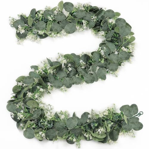 SOMYTING 2 Guirnaldas de Eucalipto Artificial con Flores Blancas Dólar de Plata Guirnalda Verde Planta Artificial Camino de Mesa de Eucalipto para Fondo Boda Decoración de Mesa