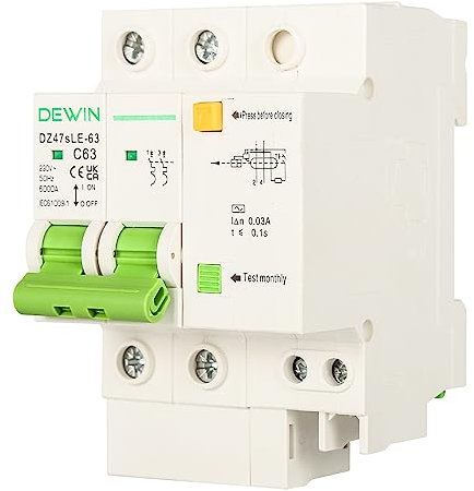 DEWIN Disjoncteur Différentiel, Disjoncteur électrique 2P 63A Disjoncteur de Protection Contre les Fuites Petit Disjoncteur à Courant Résiduel pour Protection Contre les Surcharges 230V