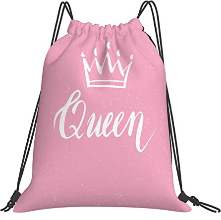 DELURA Rucksack mit Kordelzug,Zweig rosa Pinsel Hand Schriftzug Wort Königin mit Krone,Kordelzug-Sackpack für Sport, Yoga, Reisen, Cinch-Tasche mit Reißverschlusstasche