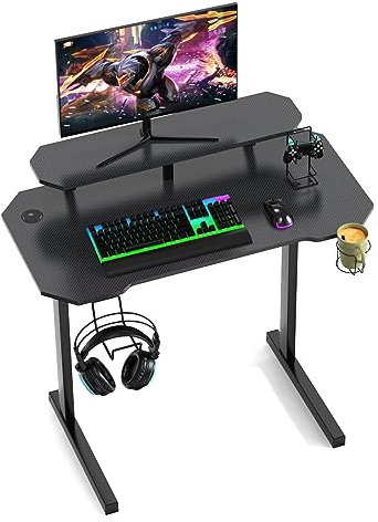 100x54x74cm Scrivania Gaming Tavolo Gaming Ergonomica Tavolo Scrivania Computer con supporto per monitor Grande Postazione con Desktop in Fibra di Carbonio con Porta Bicchiere e Ganci per Cuffie Nero