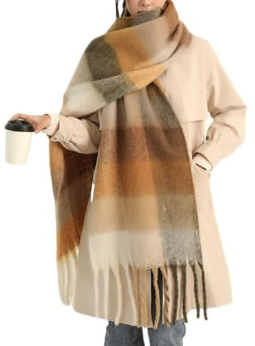 MININAI Chunky Winter Schals für Frauen Kaltes Wetter Warm Strick Dicker Plaid Schal Lange Große Übergroße Karierte Schals, Khaki, Einheitsgröße