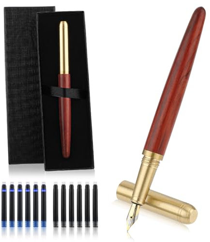 Cobee Handcrafted Wooden Fountain Pens Set, Vintage Luxury Wood Fountain Pen 0.5mm Fine Point Smooth Writing Pen With 12 Ink 2.6 mm Cartridges and Gift Box for Journaling Calligraphy Supplies(A)