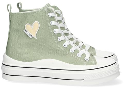 75429 Zapatilla Abotinada para Mujer, Comoda, Detalle de Corazon Bordado, Material de Lona, y Cierre de Cordones Verde Talla 38