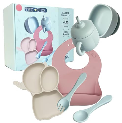 TWO KIDS–Set Vajilla de bebé Silicona, 8 Piezas, Platos con ventosas para bebés, Bol infantil alimentación complementaria, método BLW, babero y vaso antiderrame. Libre de BPA. Caja regalo.