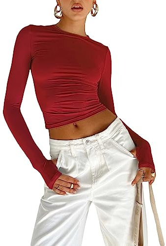 Geagodelia Women's Long Sleeve T-Shirt Ladies Elegant Top Y2K Fashion Aesthetic Clothes Outfit Streetwear Skims Dupes Tshirt (A - Red, S)