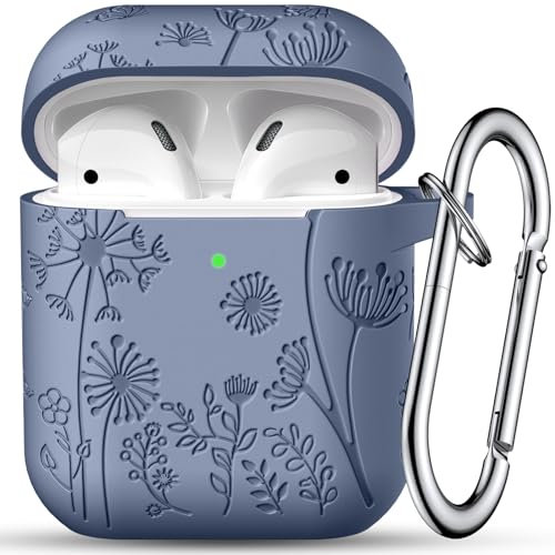 Maledan AirPods-Hülle, Weich, Silikon, Stoßfest, LED Sichtbar, Karabiner, für Damen, A-Hellblau Grau, Kompatibel mit AirPods 1 & 2, Schutzhülle, Hülle, Reisend, Outdoor