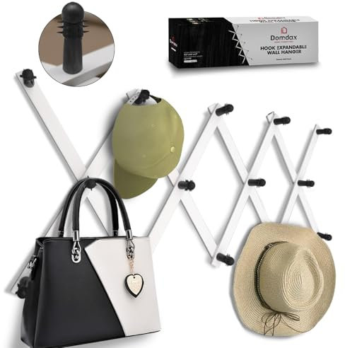 DOMDAX Premium Akkordeon-Garderobe, 14 rutschfeste Wäscheklammern, erweiterbarer und eleganter Wandaufhänger aus Holz, für Mäntel, Hüte, Schals, Tassen und mehr, Schwarz und Weiß