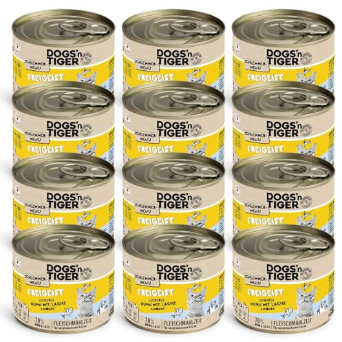 Dogs’n Tiger Adult, Katzenfutter, Freigeist, Katzennassfutter mit frischem vitaminreichen Gemüse, Huhn, Lachs - ohne Getreide, Zuckerzusatz, künstliche Konservierungsstoffe, 12x 200g