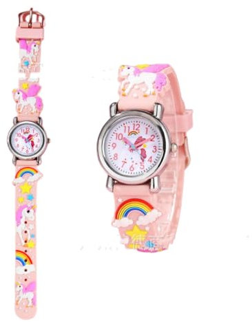 FASHION YO Montre à quartz analogique avec bracelet en acier inoxydable pour filles et enfants, Licorne rose., Sangle