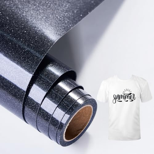 LUCKIGUCK Glitzer Plotterfolie Textil - Heat Transfer Vinyl 25cm x 150cm Transferfolie Plotter Flexfolie für Textilien Transferfolie zum Aufbügeln für DIY T-Shirt,Stoffe Textilhandwerk(Schwarz)