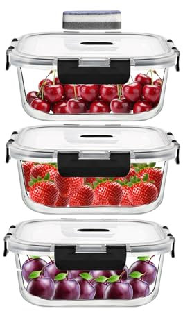 IUGHN 800ml Glass Meal Prep Containers, Three-piece Set of Glass Food containers with Lids, Pantry Kitchen Storage Containers for Lunch, Food Storage, Meal Prep, Lunch Bento Boxes, BPA Free