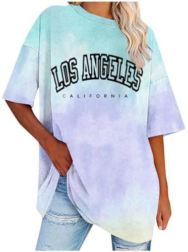 UHouse Damen Sale Angebote Damen T-Shirts Mode Mode Motiv Oberteile Casual Los Angeles Baumwolle Oberteil Frauen Blusen Freizeit Tops Teenager Rundhals Große Größen Bluse Angebote Himmelblau XL