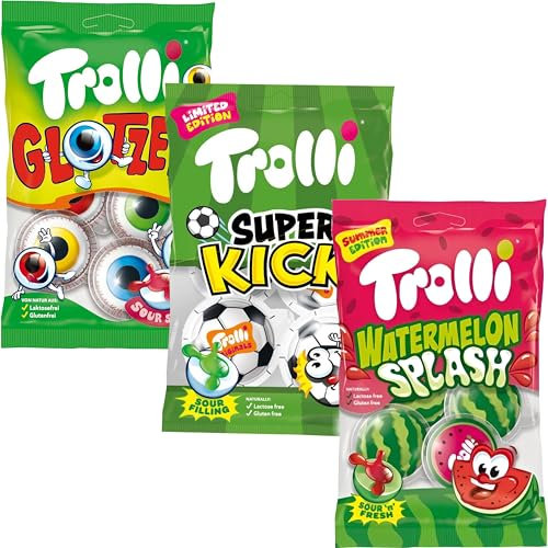 Trolli Glotzer, SuperMelon & Super Kicker 3er Mix, Fruchtgummi-Spaß trifft auf sauren Kick, für den ultimativen Genuss, ideal für den Sommer, Sportevents und für Unterwegs