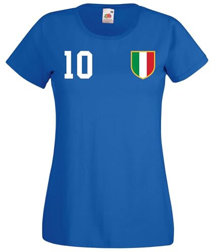 Italien Damen T-Shirt Italia Trikot Personalisiert mit Wunschname + Nummer - Blau XXL