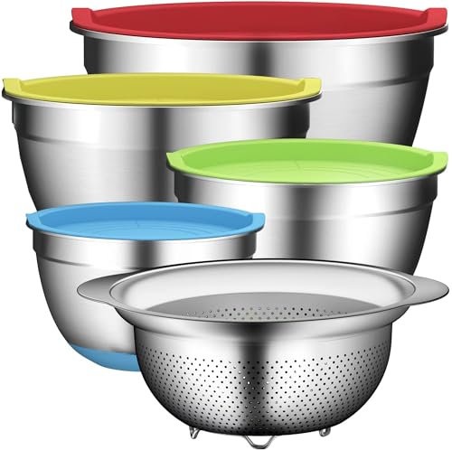 Mixing Bowl Set and Colander - Stainless Steel Mixing Bowls - Mixing Bowls with Lids Set - Kitchen Gadgets 2024 Christmas Gift Salad Bowls with Strainer for Mixing & Preping & Baking, Multicolor