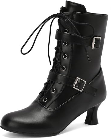 Jahrgang Damen Ankle-High Stiefeletten Victorian Stiefel with Zipper Schnüren Runde Zehen Mediaeval Renaissance Style 70's Outfits Schuhe Black Size 41