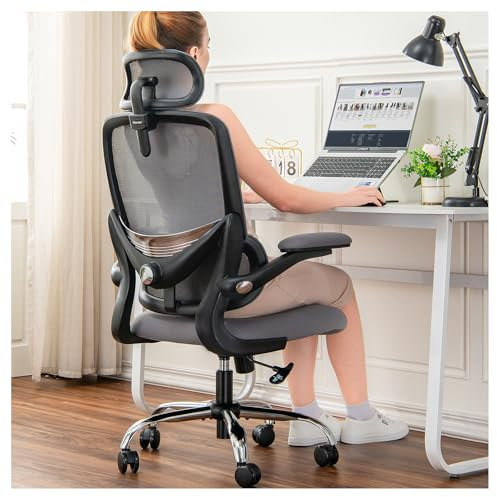TONFARY Ergonomischer Bürostuhl für Zuhause, hoher Netzrücken, mit Verstellbarer Lendenstütze, klappbare Armlehnen, abnehmbares Kopfstütze, drehbarer Gaming-Stuhl, platzsparend, 150KG (Schwarz+Grau)