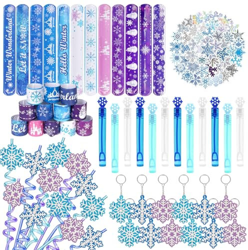 SOETDERT 98Stk Schneeflocke Mitgebsel Kindergeburtstag Gastgeschenke mit Schneeflocke Geschenktüten Aufkleber Schnapparmband Schlüsselanhänger Mitbringsel Party Geburtstag Geschenk Mädchen