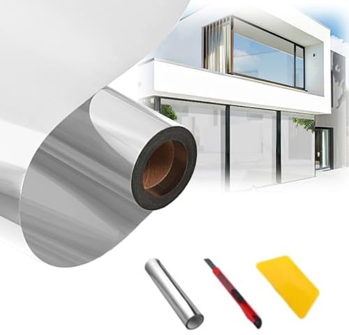 Silver Reflective Window Film, Window Films for Privacy, Heat Blocking Window Film Kit, Static Cling Window Tint, Privacy Glass Sticker for Home And Office, No Glue Static Cling Window Tint(110*500CM)