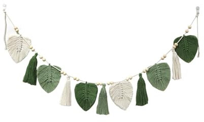 Cazqgoy Quasten-Wandteppich mit Holzperlen, Makramee, Wandbehang, gewebte Heimdekoration, Quaste, Girlande, Dschungelblätter, Banner, Blätterquaste mit Holzperlen, gewebte Blattquaste (grün)