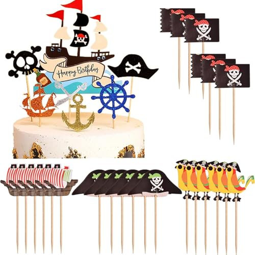 Piraten Tortendeko,55 pcs Piratenparty Piraten Kuchen Topper Piraten-Partydekorationen Pirate Tortenstecker Piratenschiff Kuchen Deko Cake Topper Kuchendeko Geburtstag Halloween Party Decoration