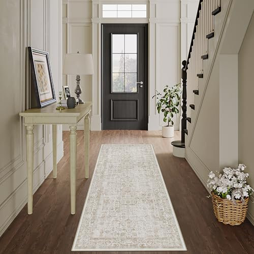 HUGEAR Vintage Hellbraun Waschbarer Teppich 60x180cm LäUfer Flur rutschfest Weich Vorzimmer Tepich Kurzflor Schlafzimmer Retroteppiche KüChe Bedroom Brücken Hallway Carpet