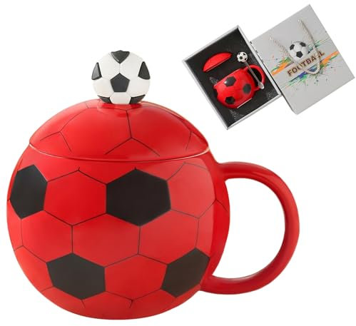 Cute Mugs 14oz Unique Ceramic Coffee Mug with Lid and Spoon, Funny Mugs Cereal Bowl Soccer Gifts for Coaches Fans Players, Gag Sports Cool Stuff Cups Soccer Mom Teacups Retirement Gifts, Red