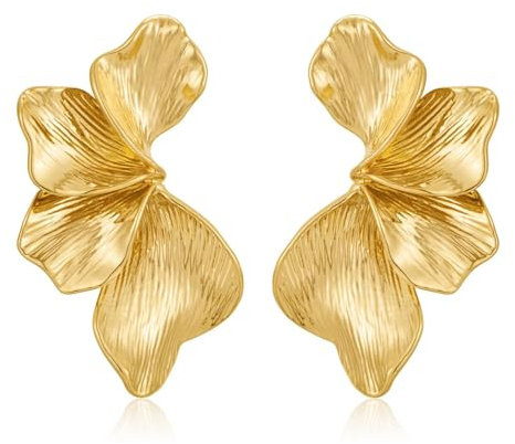 Gold Ohrringe Damen, Fächerförmig Blumen Ohrringe, Statement Earrings Groß Goldene Blumenohrringe für Mädchen Damen Partys Zubehör, Alltag, Hochzeit (Gold-A)