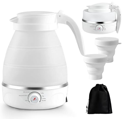 Tetera Electrica Plegable, 600ML Hervidor Agua Electrico Pequeño, Hervidor de Agua de Silicona, 5 Minutes, Tetera Electrica, Mini Hervidor para Camping, Viajes, Exteriores
