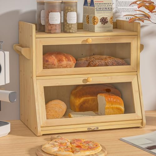 Yvsevnr Double Layer Bamboo Bread Box for Kitchen Countertop, Large Capacity Corner Bread Bin with Windows and Air Vents Keeps Bread, Bagels and Rolls Fresh, Eco-friendly, 15.7x10.2x15, Oak