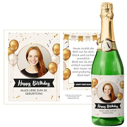 Flaschenetiketten Geburtstag selbst gestalten – 2 Aufkleber mit eigenem Foto und Text – selbstklebend, wasserfest – Sticker für Wein, Sekt – personalisiertes Geburtstaggeschenk - BALLON CREME