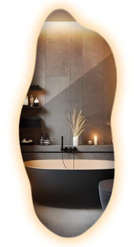Großer LED-Spiegel 45x100cm Weiß Warm Warmes Licht Beleuchtung Streulicht Lichtspiegel Unregelmäßig Esszimmer Wohnzimmer Asymmetrisch Wandspiegel Ohne Rahmen Wanddekoration Wellige Form Minimalismus