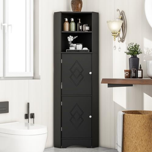Merax Armoire de salle de bain, d'angle, avec 2 portes et étagère de rangement ouverte, étagère réglable, 36,5 x 36,5 x 155 cm, noire