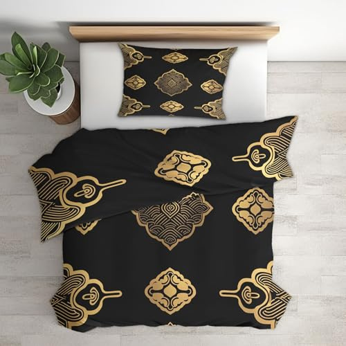 Generisch Bettwäsche 135x200 Japanische Design, 2teilig - Schwarz Gold Orientalisch Bettbezug und 1 Kissenbezug 80x80, Wendebettwäsche, Schlafzimmer Deko, Mikrofaser, mit Reißverschluss K2P&106
