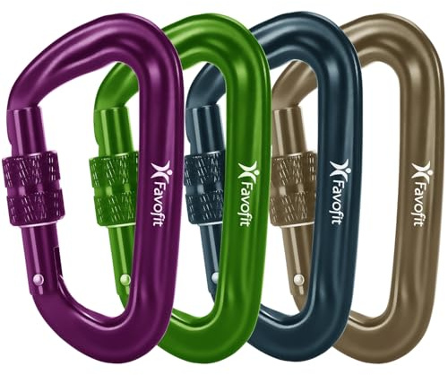 Favofit Verriegelbare Karabiner-Clips, 4 Stück, 12 kN (je 1223 kg), robuste Karabinerhaken für Camping, Wandern, Outdoor & Fitnessstudio usw., kleine Karabiner (Lila/Grün/Blau/Silber)