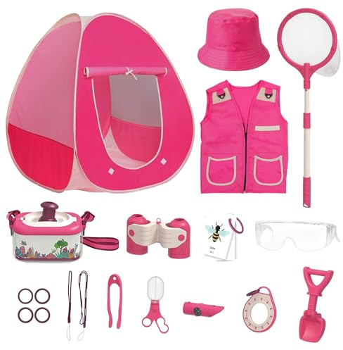The Magic Toy Shop Kids Adventure & Explorer Kit for Girls - Camping Tent, Costume, Bug Catcher Tools, Whistle, Magnifying Glass, Insect Box - Outdoor Survival Gifts for Kids, Educational Garden Fun