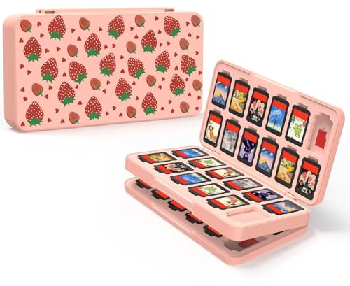 JEMDO Étui 48 Cartes de Jeu Compatible avec Nintendo Switch 2/OLED/2017, Boîte de Rangement 24 Cartes microSD, Coque Rigide ABS, Fentes TPU, Fermeture Magnétique, Design Fraise Rose