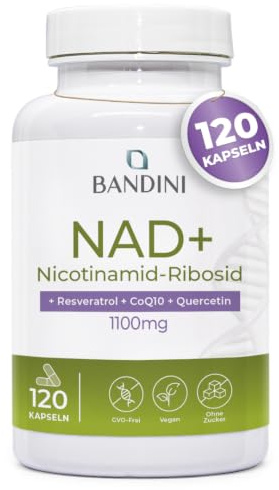 Bandini® NAD+ Liposomiale 120 Capsule Vegane | 1100mg per dose giornaliera | NAD con Nicotinamide Riboside Cloruro, Quercetina, Resveratrolo, Coenzima Q10 | Anti-Age, Energia Cellulare, No OGM, Vegan